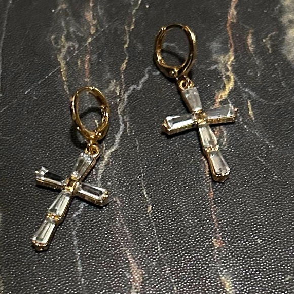 Gold Tone & Crystal Cross Earrings - Picture 3 of 5